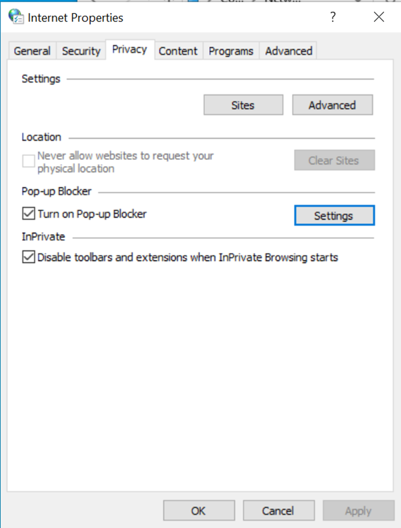 Clicking on pop up blocker settings in internet properties menu